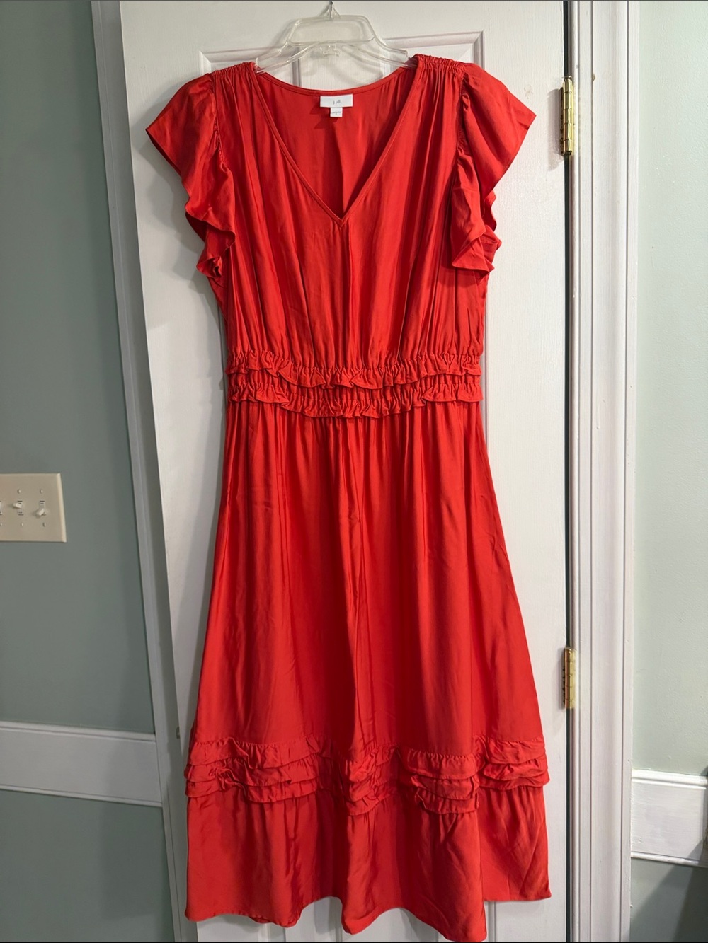 J. Jill Medium Coral Red V-Neck Ruffle Midi Dress